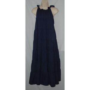 Navy Blue Sz Medium Sleeveless Ruffled High Neck Tiered Maxi Swing Dress SHEIN
